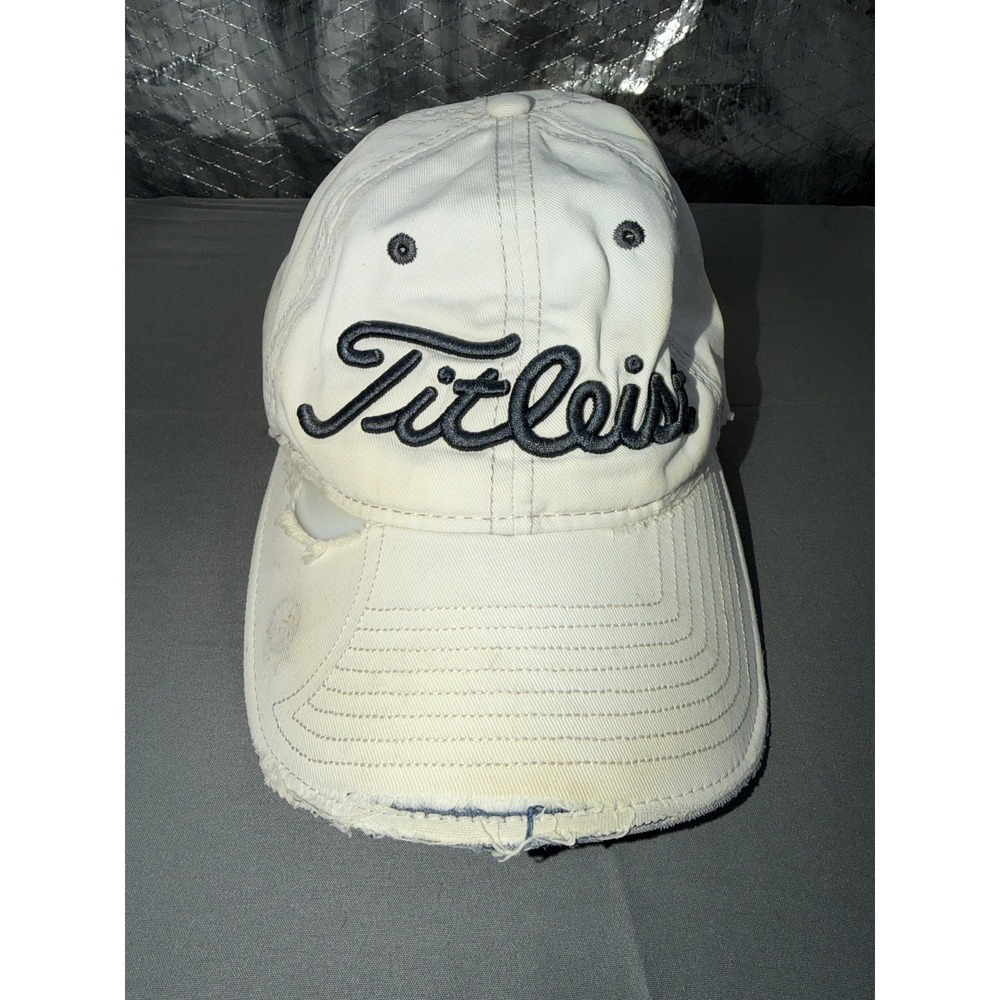 Titleist Hat Cap Strap Back Mens One Size White Cotton Golf Distressed Thrashed